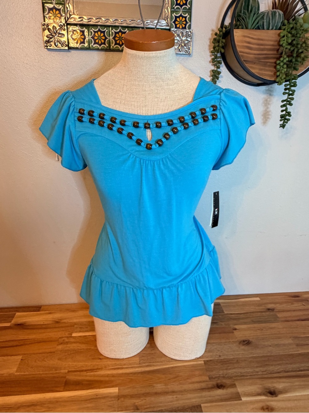 NWT Y2K iz BYER Turquoise Beaded Peplum Top
